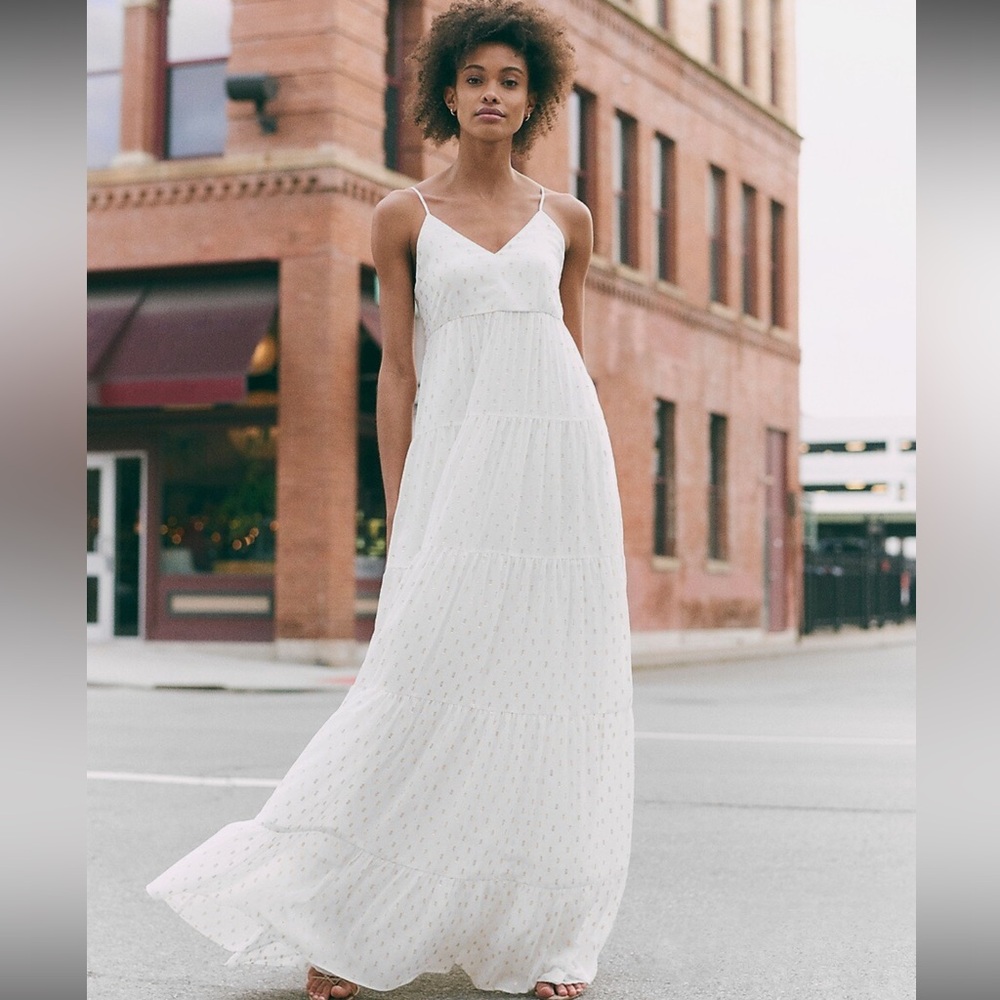 Express White Metallic Gold Flowy Maxi Dress